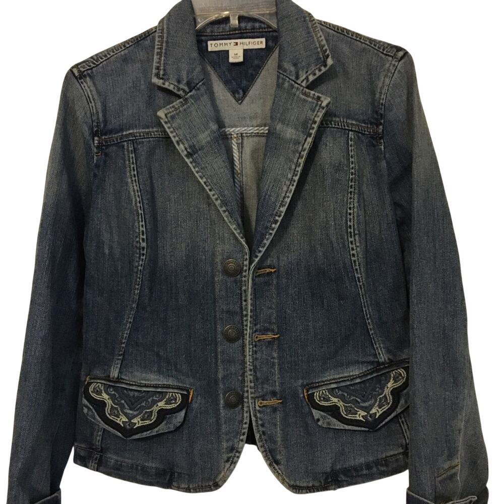 Vintage Tommy Hilfiger Denim Jacket Medium, Embroidered Flap Pockets